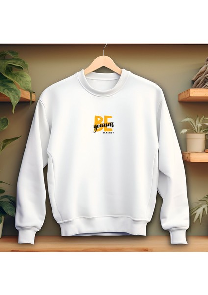 Be Yourself Beyaz Bisiklet Yaka Sweatshirt Kalın Kumaş 3 Iplik