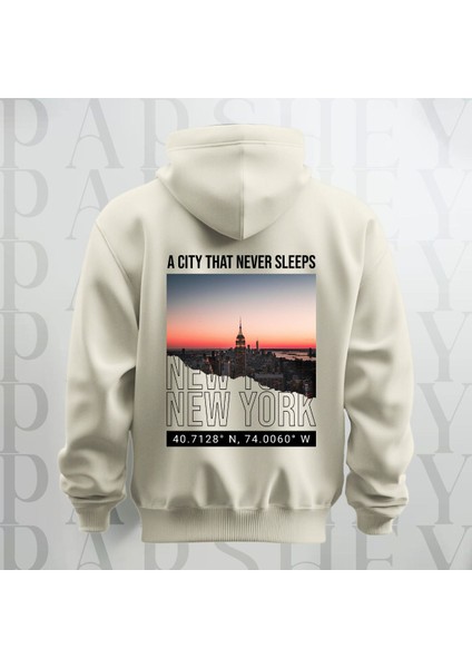 Uyumayan Şehir New York Baskılı Kapüşonlu Oversize Sweatshirt Hoodie Kalın Kumaş 3 Iplik Şardonlu