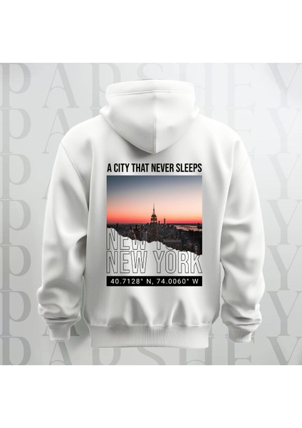 Uyumayan Şehir New York Baskılı Kapüşonlu Oversize Sweatshirt Hoodie Kalın Kumaş 3 Iplik Şardonlu