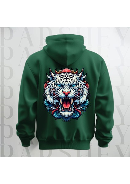 Tiger Büyük Sırt Baskılı Kapüşonlu Sweatshirt Hoodie Kalın Kumaş 3 Iplik Şardonlu