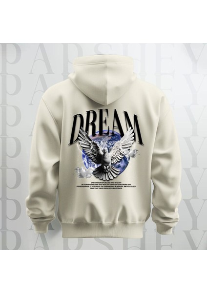 Dream Kanatlı Kuş Sırt Baskılı Kapüşonlu Oversize Sweatshirt Hoodie Kalın Kumaş 3 Iplik Şardonlu