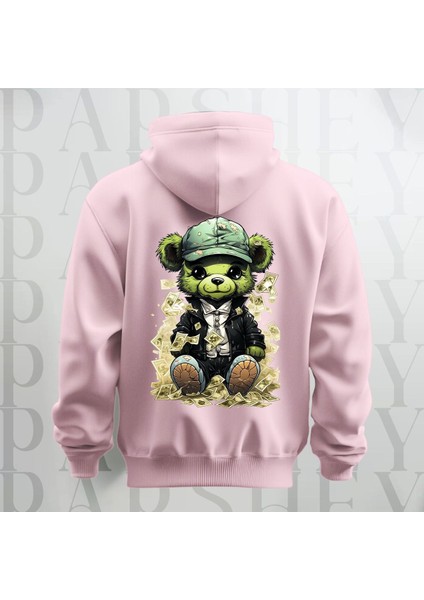Paralı Teddy Sırt Baskılı Kapüşonlu Oversize Sweatshirt Hoodie Kalın Kumaş 3 Iplik Şardonlu