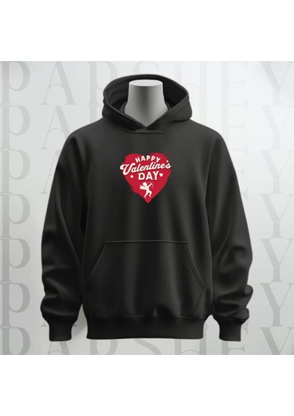 Happy Valentine's Day Kalp Desenli Kapüşonlu Oversize Sweatshirt Hoodie Kalın Kumaş 3 Iplik Şardonlu
