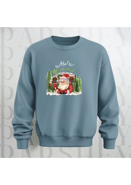 Noel Baba Ho Ho Ho! Baskılı Bisiklet Yaka Kalın Kumaş Oversize Sweatshirt 3 Iplik Şardonlu
