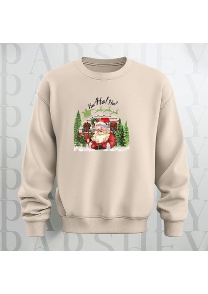 Noel Baba Ho Ho Ho! Baskılı Bisiklet Yaka Kalın Kumaş Oversize Sweatshirt 3 Iplik Şardonlu