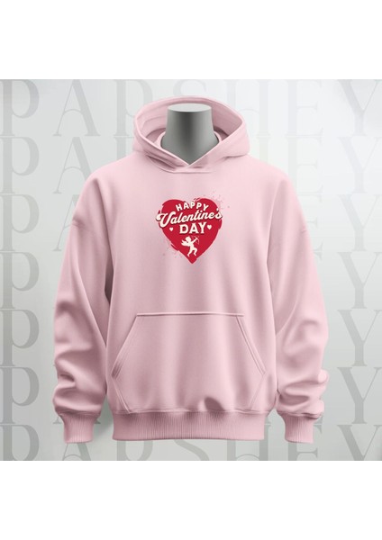 Happy Valentine's Day Kalp Desenli Kapüşonlu Oversize Sweatshirt Hoodie Kalın Kumaş 3 Iplik Şardonlu