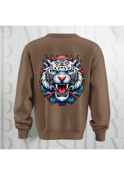 Tiger Baskılı Kalın Kumaş 3 Iplik Şardonlu Oversize Bisiklet Yaka Sweatshirt