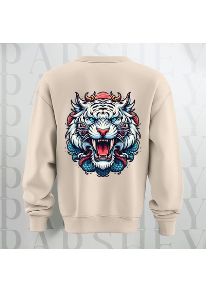 Tiger Baskılı Kalın Kumaş 3 Iplik Şardonlu Oversize Bisiklet Yaka Sweatshirt