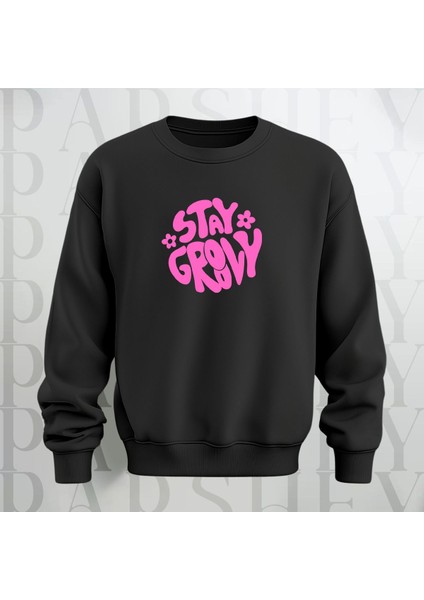 Stay Groovy Göğüs Baskılı Kalın Kumaş 3 Iplik Şardonlu Oversize Bisiklet Yaka Sweatshirt