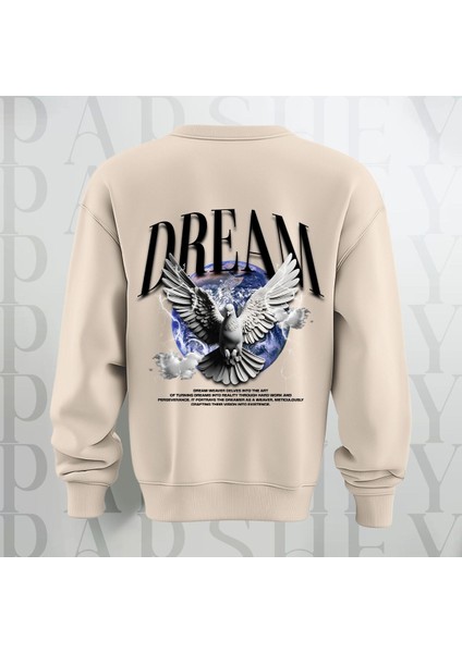 Dream Kuş Desenli Sırt Baskılı 3 Iplik Şardonlu Oversize Bisiklet Yaka Sweatshirt