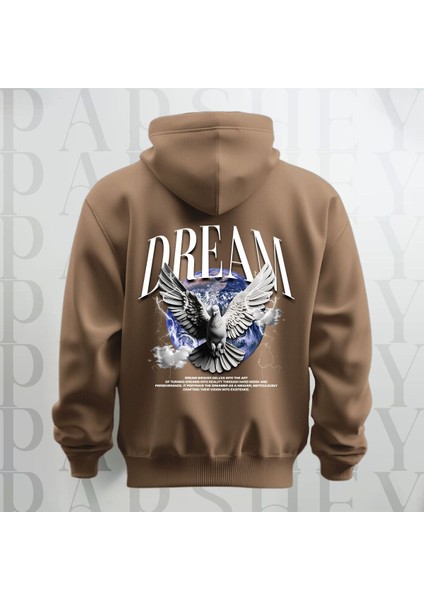 Dream Kanatlı Kuş Sırt Baskılı Kapüşonlu Oversize Sweatshirt Hoodie Kalın Kumaş 3 Iplik Şardonlu
