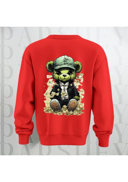 Zengin Teddy Sırt Baskılı Bisiklet Yaka Sweatshirt 3 Iplik Şardonlu Oversize Kalıp