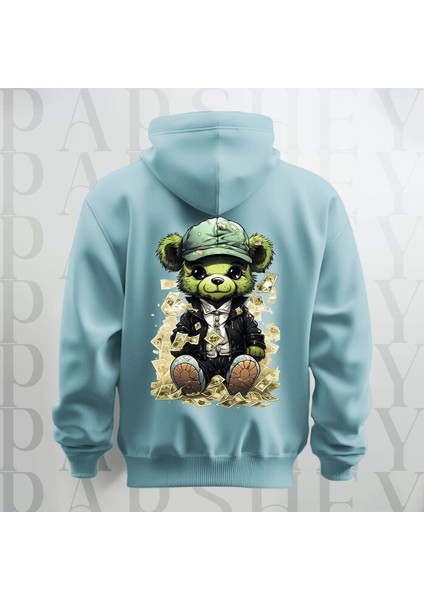 Paralı Teddy Sırt Baskılı Kapüşonlu Oversize Sweatshirt Hoodie Kalın Kumaş 3 Iplik Şardonlu