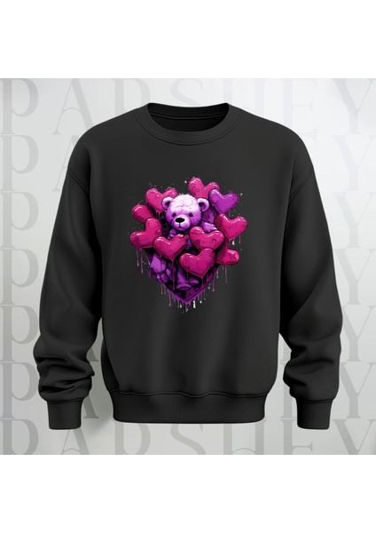 Love Teddy Deseni Baskılı Bisiklet Yaka Oversize Kalıp Sweatshirt 3 Iplik Şardonlu