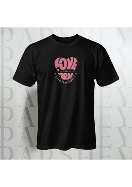 Love Try Baskılı Yarım Kollu Bisiklet Yaka Pamuk Oversize T-Shirt