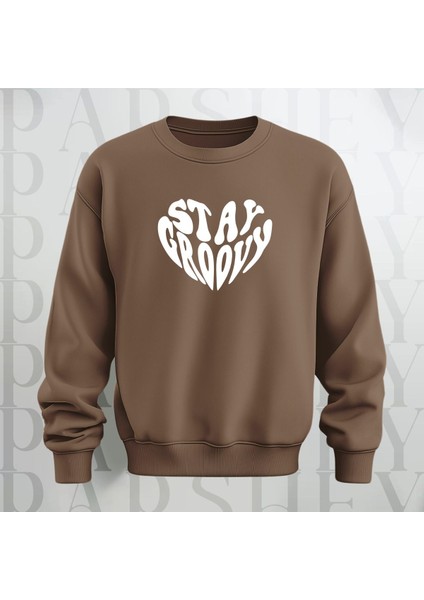 Stay Groovy Kalp Şekilli Baskılı Kalın Kumaş 3 Iplik Oversize Bisiklet Yaka Sweatshirt