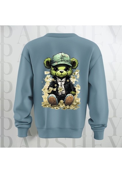 Zengin Teddy Sırt Baskılı Bisiklet Yaka Sweatshirt 3 Iplik Şardonlu Oversize Kalıp