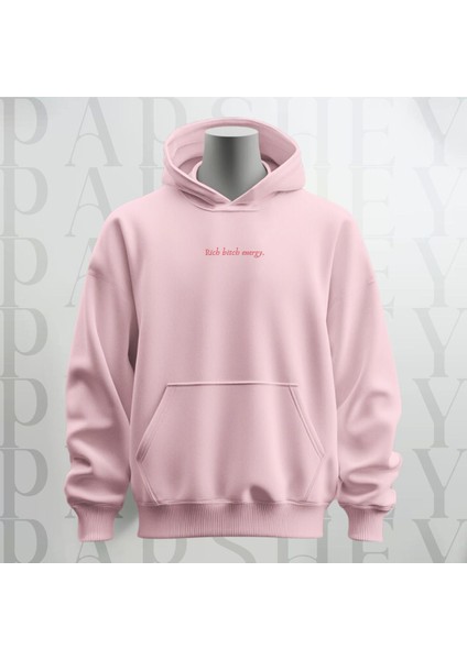 Rich Bitch Energy Yazı Göğüs Baskılı Kapüşonlu Sweatshirt Hoodie Kalın Kumaş 3 Iplik Şardonlu