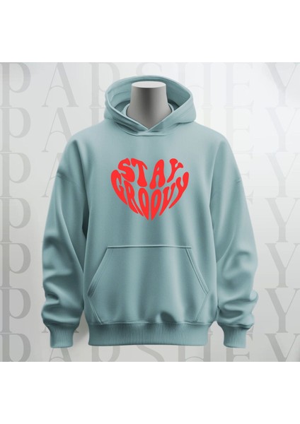 Stay Groovy Kalp Şekilli Baskılı Kapüşonlu Oversize Sweatshirt Hoodie Kalın Kumaş 3 Iplik Şardonlu