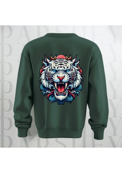 Tiger Baskılı Kalın Kumaş 3 Iplik Şardonlu Oversize Bisiklet Yaka Sweatshirt