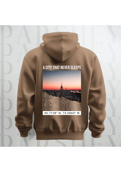 Uyumayan Şehir New York Baskılı Kapüşonlu Oversize Sweatshirt Hoodie Kalın Kumaş 3 Iplik Şardonlu