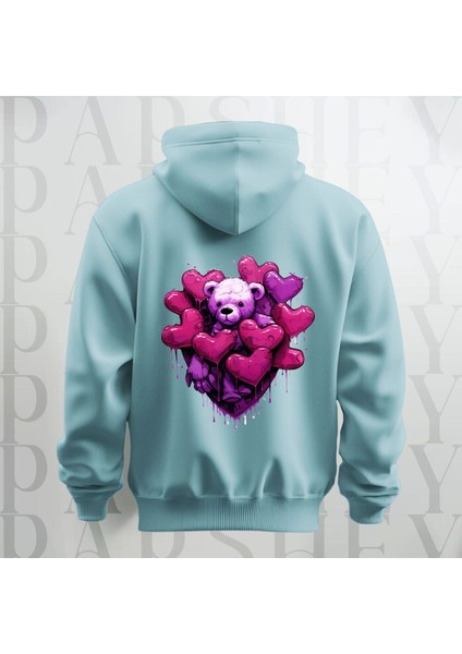 Love Teddy Deseni Baskılı Kapüşonlu Sweatshirt Hoodie Yünlü Kalın Kumaş 3 Iplik Şardonlu