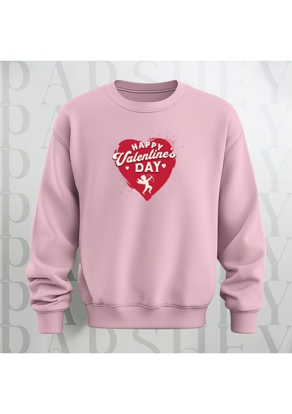 Happy Valentine's Day Kalp Desenli Oversize Bisiklet Yaka Sweatshirt 3 Iplik Şardonlu
