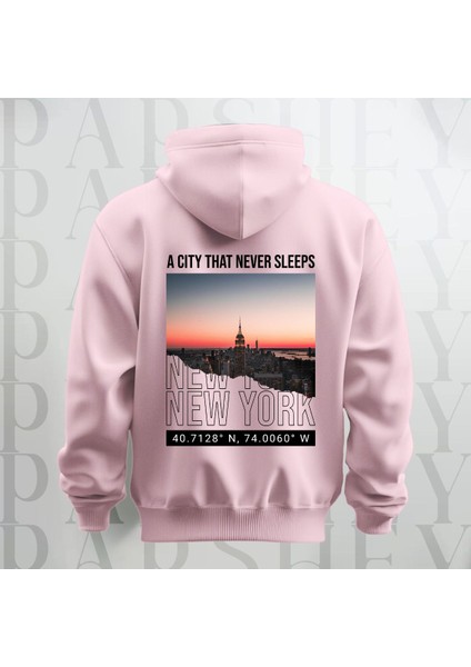 Uyumayan Şehir New York Baskılı Kapüşonlu Oversize Sweatshirt Hoodie Kalın Kumaş 3 Iplik Şardonlu