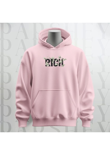 Rich Baskılı Kapüşonlu Sweatshirt Hoodie Kalın Kumaş 3 Iplik Şardonlu