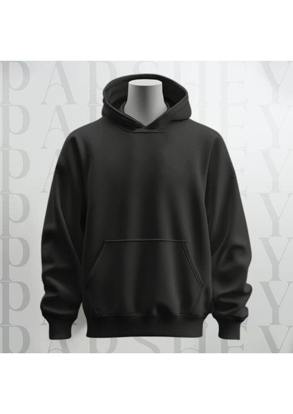 Baskısız Siyah Kapüşonlu Sweatshirt Hoodie Kalın Kumaş 3 Iplik Şardonlu