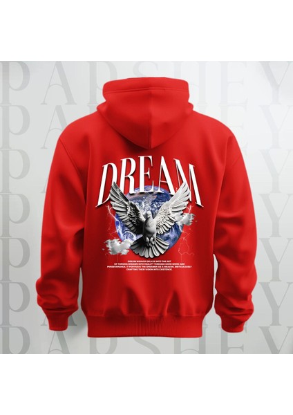 Dream Kanatlı Kuş Sırt Baskılı Kapüşonlu Oversize Sweatshirt Hoodie Kalın Kumaş 3 Iplik Şardonlu