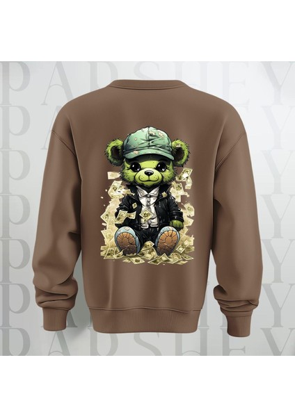 Zengin Teddy Sırt Baskılı Bisiklet Yaka Sweatshirt 3 Iplik Şardonlu Oversize Kalıp