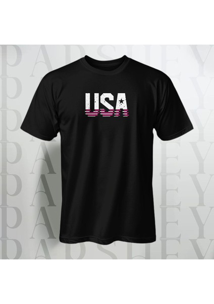 Usa Göğüs Yazı Baskılı Yarım Kollu Bisiklet Yaka Pamuk Oversize T-Shirt