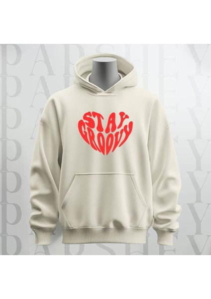 Stay Groovy Kalp Şekilli Baskılı Kapüşonlu Oversize Sweatshirt Hoodie Kalın Kumaş 3 Iplik Şardonlu