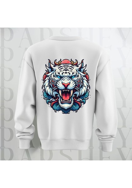 Tiger Baskılı Kalın Kumaş 3 Iplik Şardonlu Oversize Bisiklet Yaka Sweatshirt