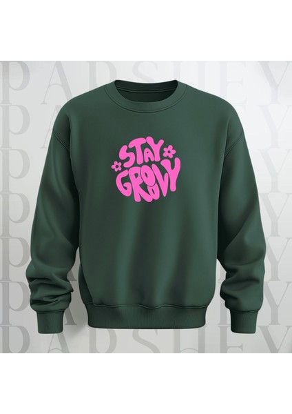 Stay Groovy Göğüs Baskılı Kalın Kumaş 3 Iplik Şardonlu Oversize Bisiklet Yaka Sweatshirt