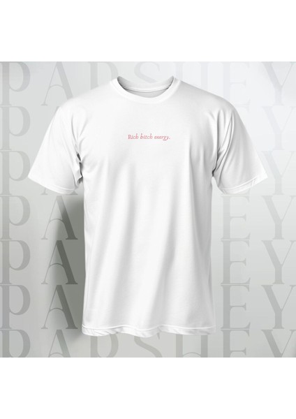 Rich Bitch Energy Göğüs Yazı Baskılı Oversize Bisiklet Yaka Pamuk T-Shirt