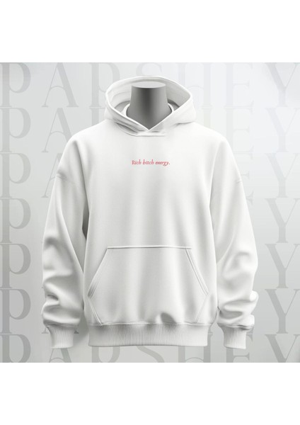 Rich Bitch Energy Yazı Göğüs Baskılı Kapüşonlu Sweatshirt Hoodie Kalın Kumaş 3 Iplik Şardonlu