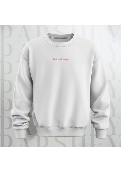 Rich Energy Yazı Baskılı Bisiklet Yaka Sweatshirt 3 Iplik Şardonlu Oversize Kalıp