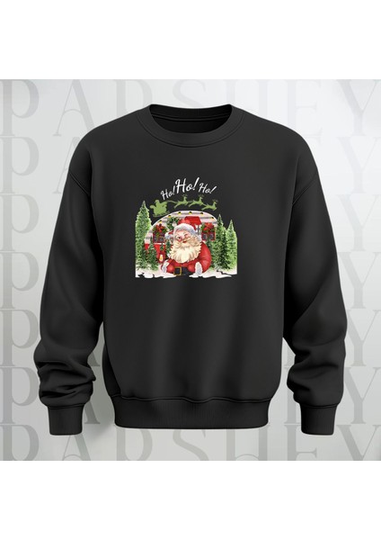 Noel Baba Ho Ho Ho! Baskılı Bisiklet Yaka Kalın Kumaş Oversize Sweatshirt 3 Iplik Şardonlu