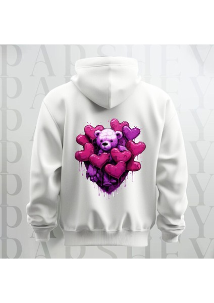 Love Teddy Deseni Baskılı Kapüşonlu Sweatshirt Hoodie Yünlü Kalın Kumaş 3 Iplik Şardonlu