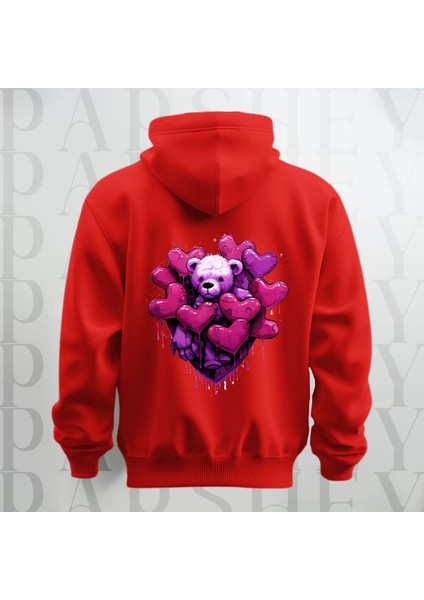 Love Teddy Deseni Baskılı Kapüşonlu Sweatshirt Hoodie Yünlü Kalın Kumaş 3 Iplik Şardonlu