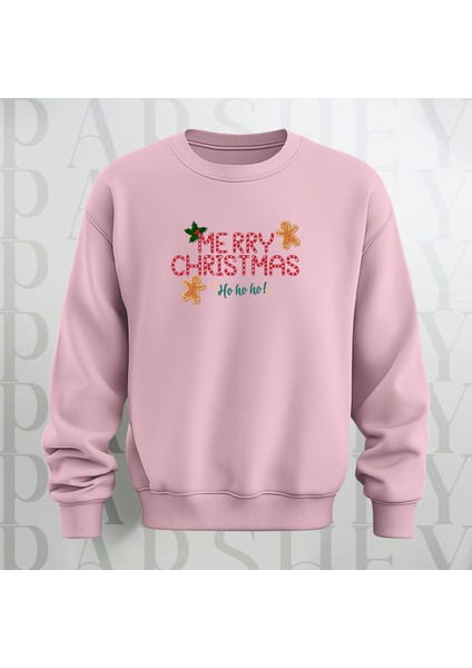 Merry Christmas Desenli Bisiklet Yaka Oversize Sweatshirt 3 Iplik Şardonlu