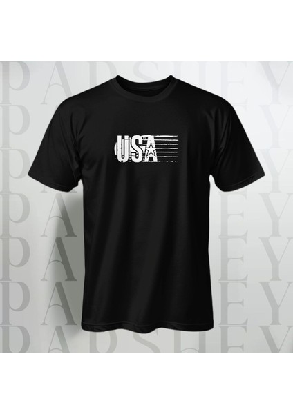 Usa Yazı Baskılı Unisex Yarım Kollu Bisiklet Yaka %100 Pamuk Oversize T-Shirt