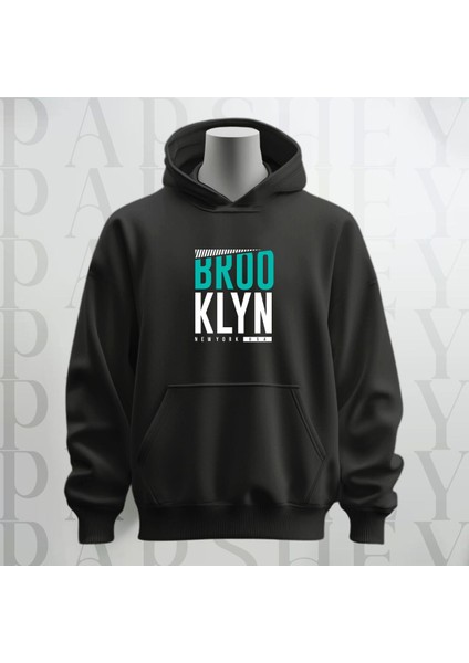 Brooklyn Usa Baskılı Siyah Kapüşonlu Sweatshirt Hoodie Kalın Kumaş 3 Iplik Şardonlu