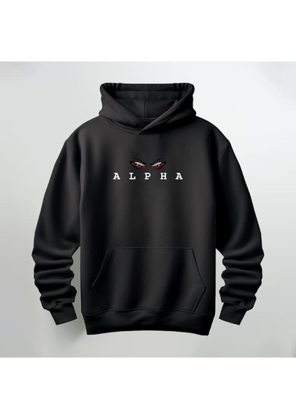 Alpha Baskılı Kapüşonlu Sweatshirt Hoodie Kalın Kumaş 3 Iplik Şardonlu