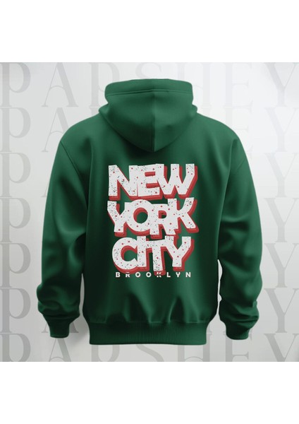 Nyc Brooklyn Baskılı Kapüşonlu Sweatshirt Hoodie Yünlü Kalın Kumaş 3 Iplik Şardonlu