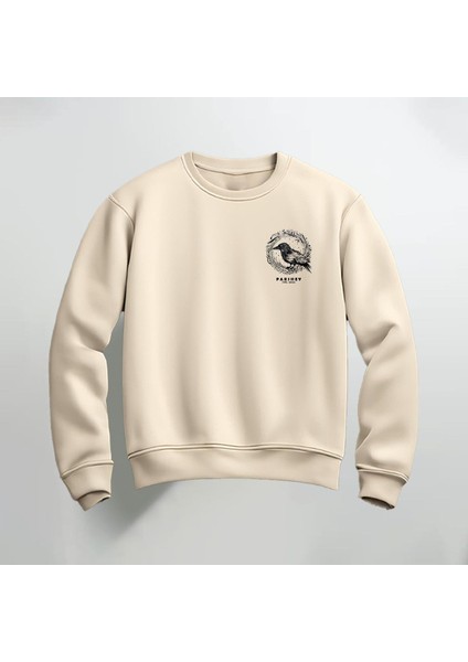 Kuş Deseni Baskılı Bisiklet Yaka Sweatshirt Kalın Kumaş 3 Iplik