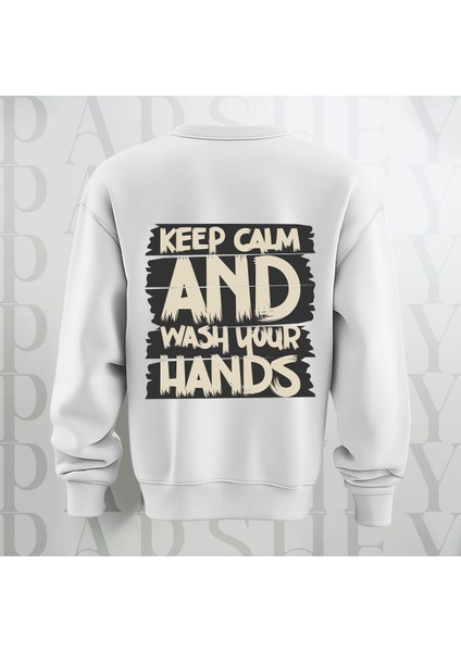 Keep Calm Baskılı Kalın Kumaş 3 Iplik Yazı Baskılı Bisiklet Yaka Sweatshirt