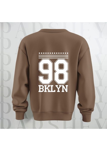 98 Bklyn Yazı Baskılı Bisiklet Yaka Sweatshirt Kalın Kumaş 3 Iplik